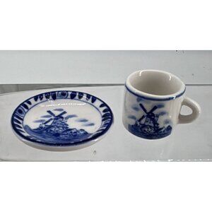 Vintage Hand-painted Delft White and Blue Ceramic 855 Mug and‎ Plate